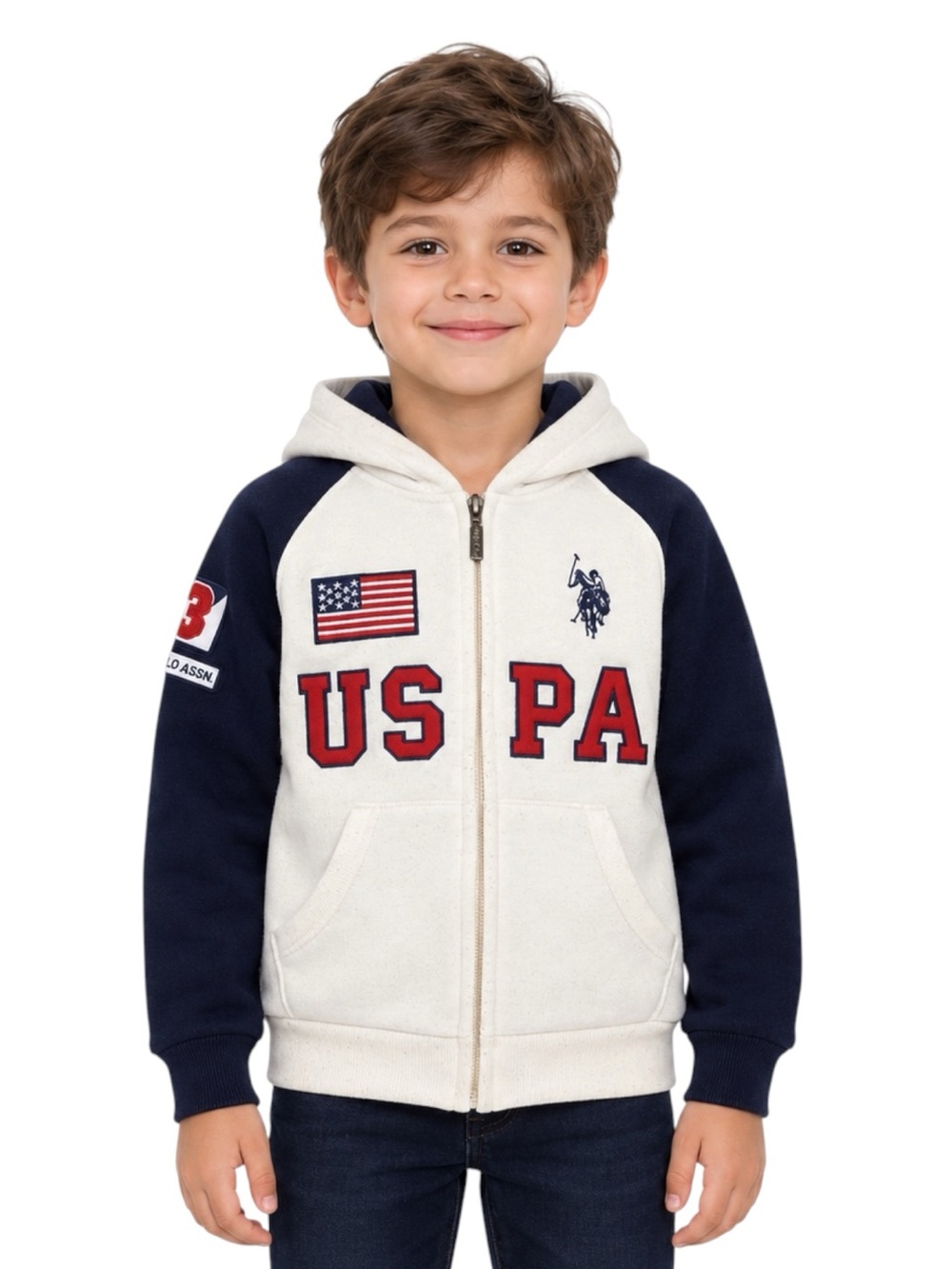U.S. Polo Assn Boys Size 5/6 USPA Full Zip Fleece Hoodie Navy White Red